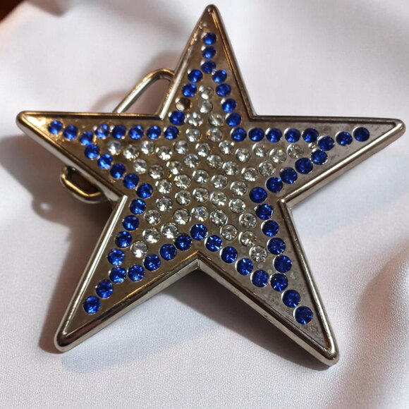 Silver Star Western Belt Buckle with Clear & Cobalt Crystals – Fits 1.5" Belt - Picture 4 of 9